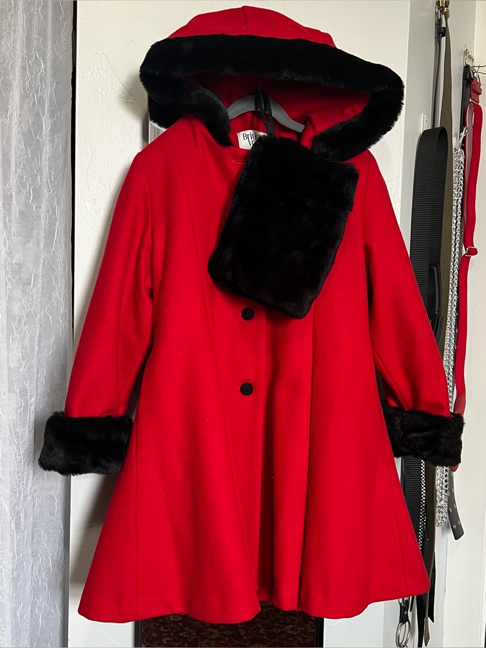 British Vogue Red Hooded Trench Coat with Black Faux-Fur Trim + Fur Hand Warmer